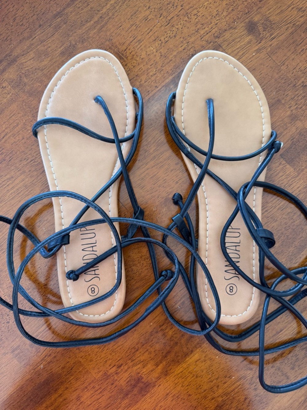 Lace-Up Black Strappy Sandals with Tan Footbed
